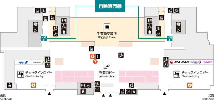 国内線ターミナル1階の館内図です。自動販売機は北側と南側にあります。