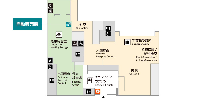 国際線ターミナルの館内図です。自動販売機は搭乗待合室にあります。